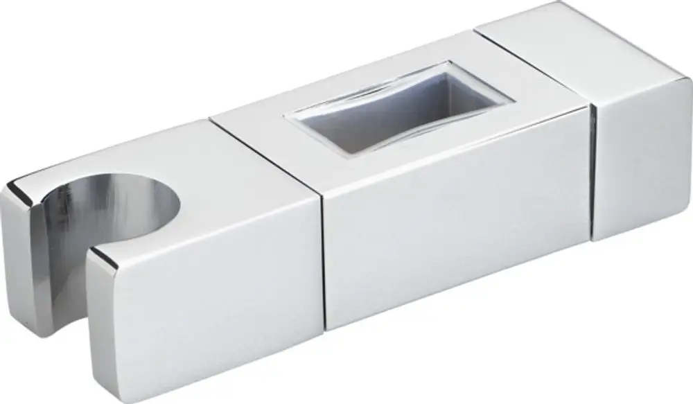 Chromfarbener Handbrausehalter von Ideal Standard mit einer Aussparung zur Befestigung und einem Sichtfenster.